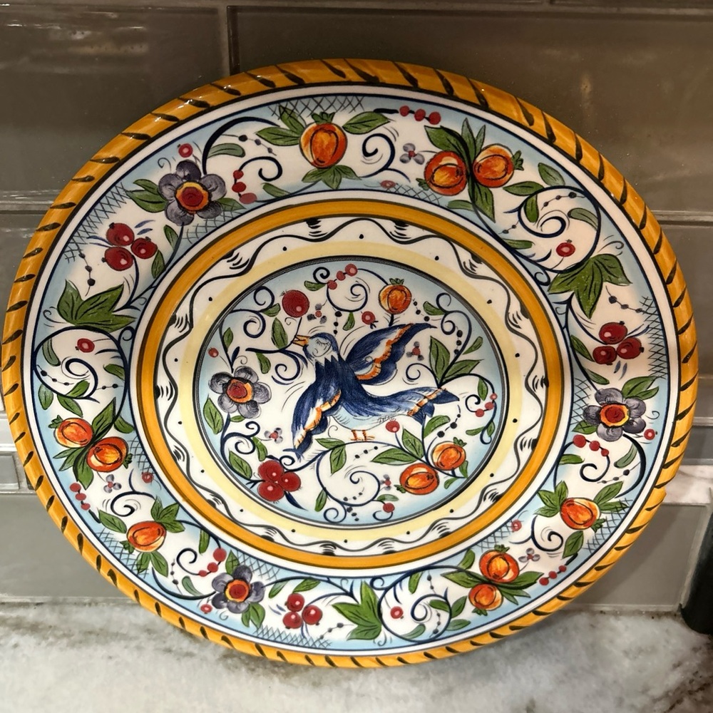 Dario Farrucci Designs Villa Paradiso Hand Painted 11” Dinner Plate Floral Bird